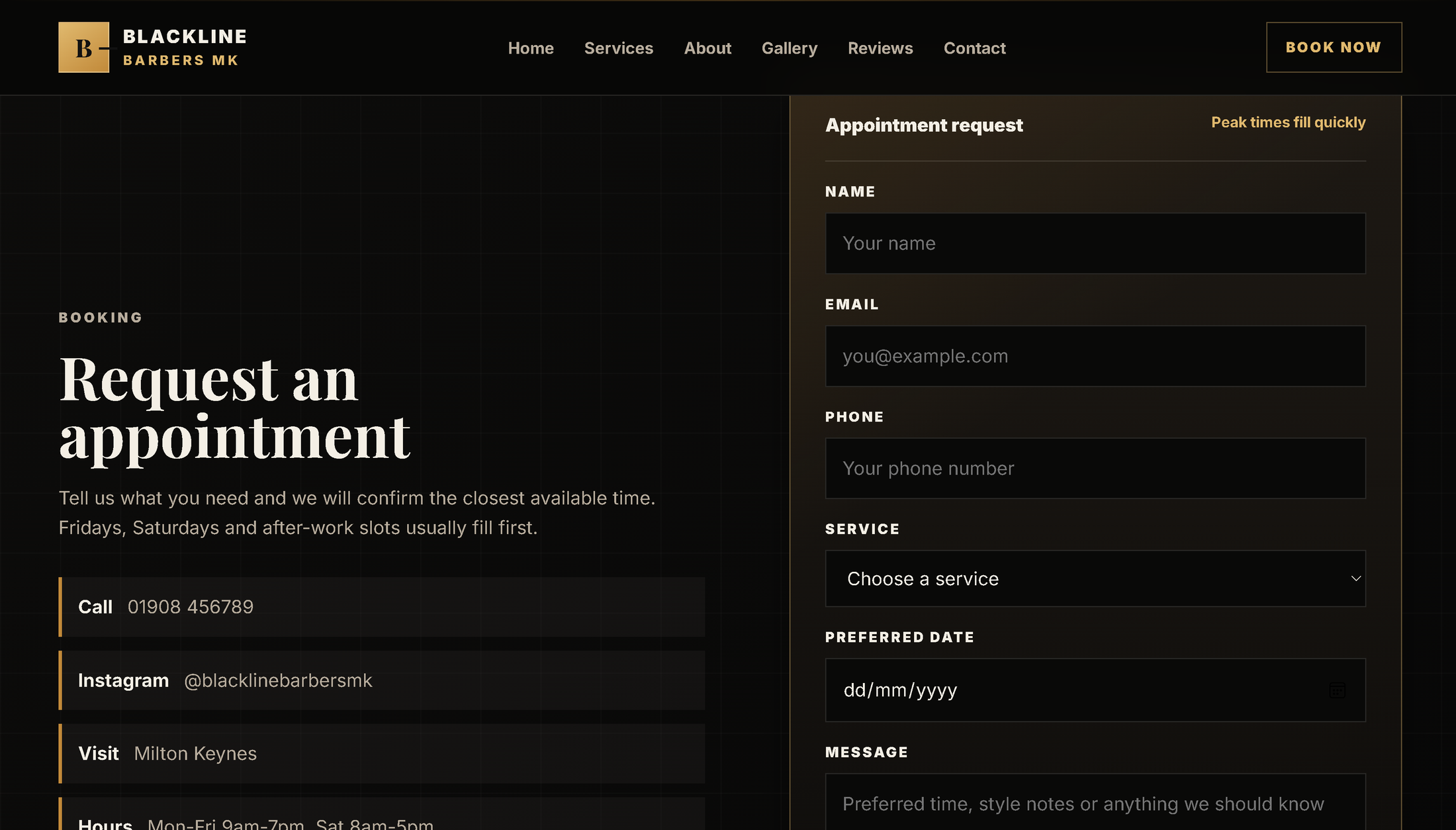 Blackline Barbers booking page preview