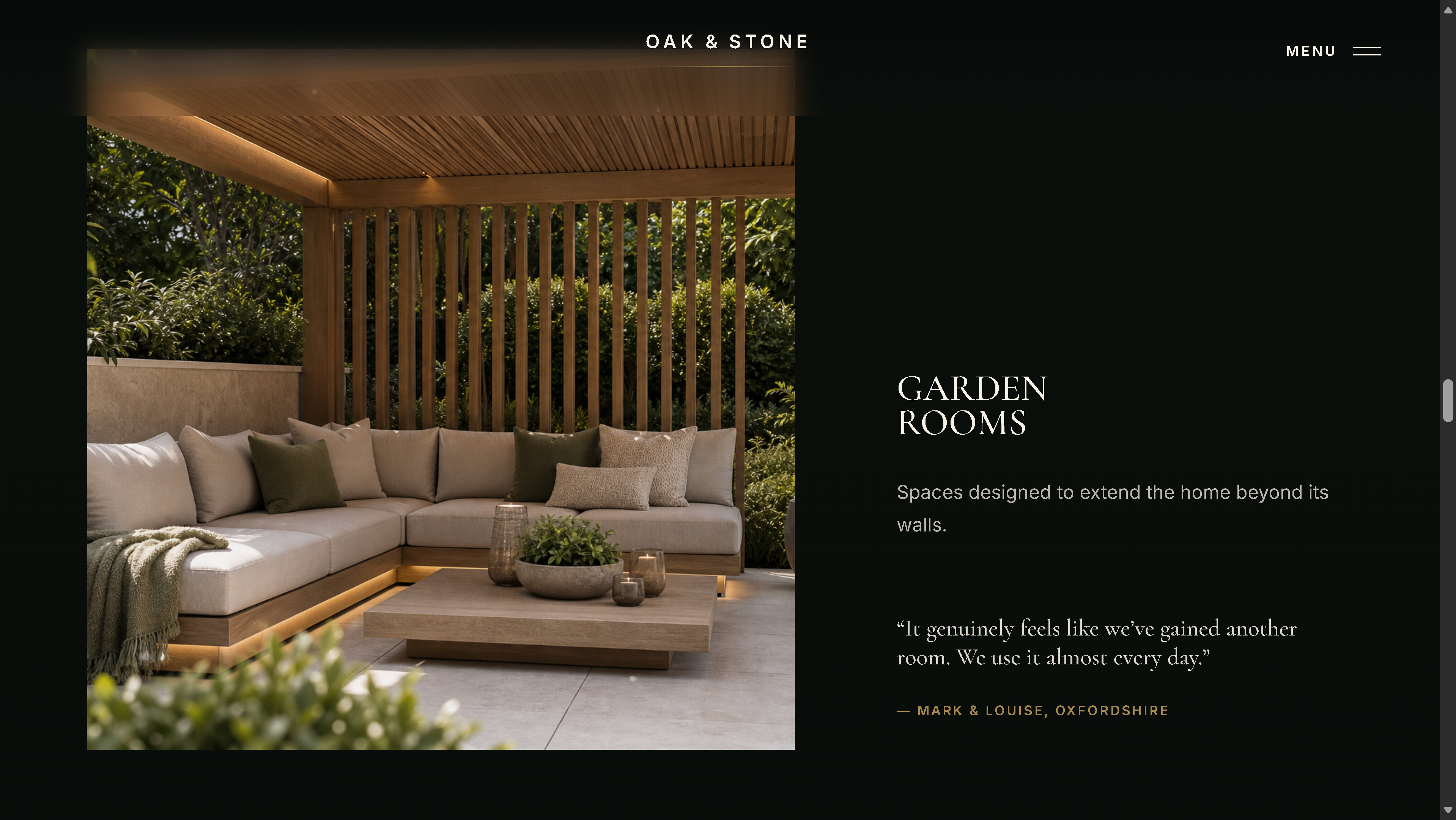 Oak & Stone editorial section with the headline We Don't Just Build Gardens We Create Environments