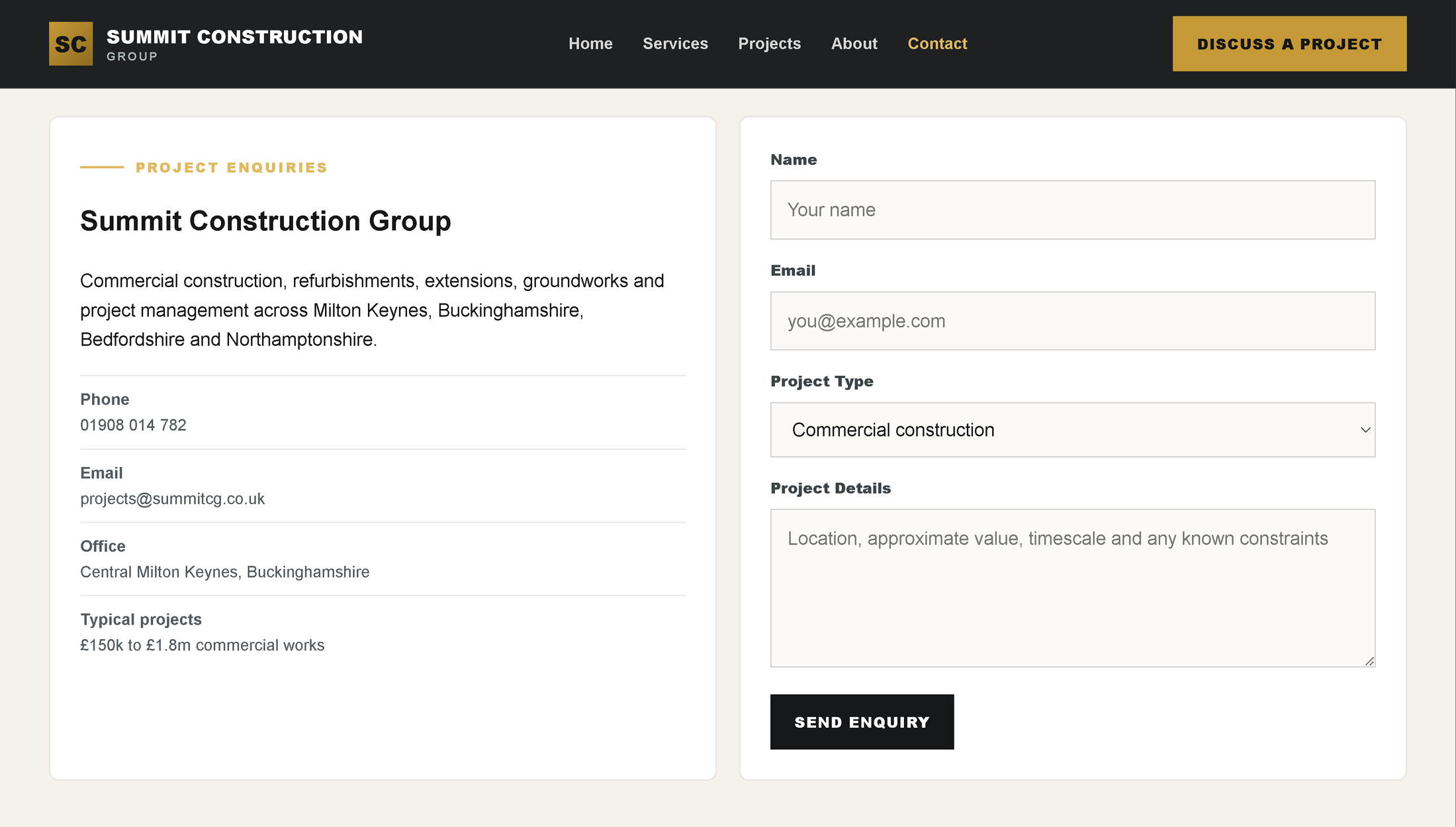 Summit Construction Group enquiry page preview