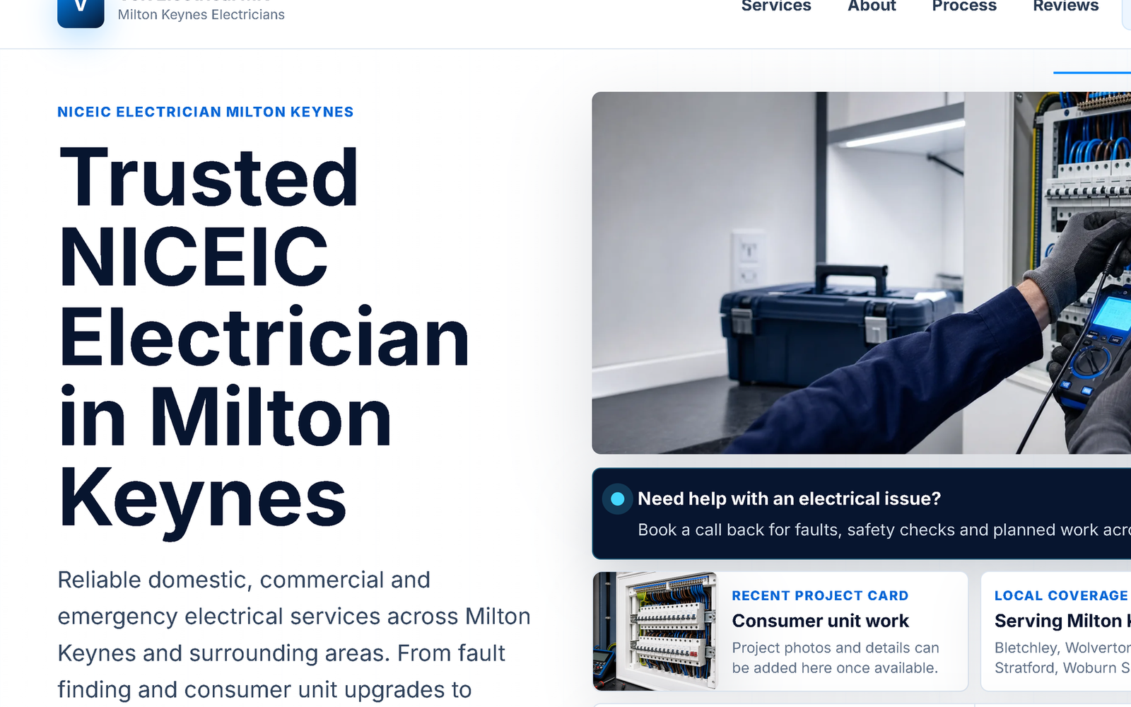 Screenshot of the Volt Electrical MK homepage hero section