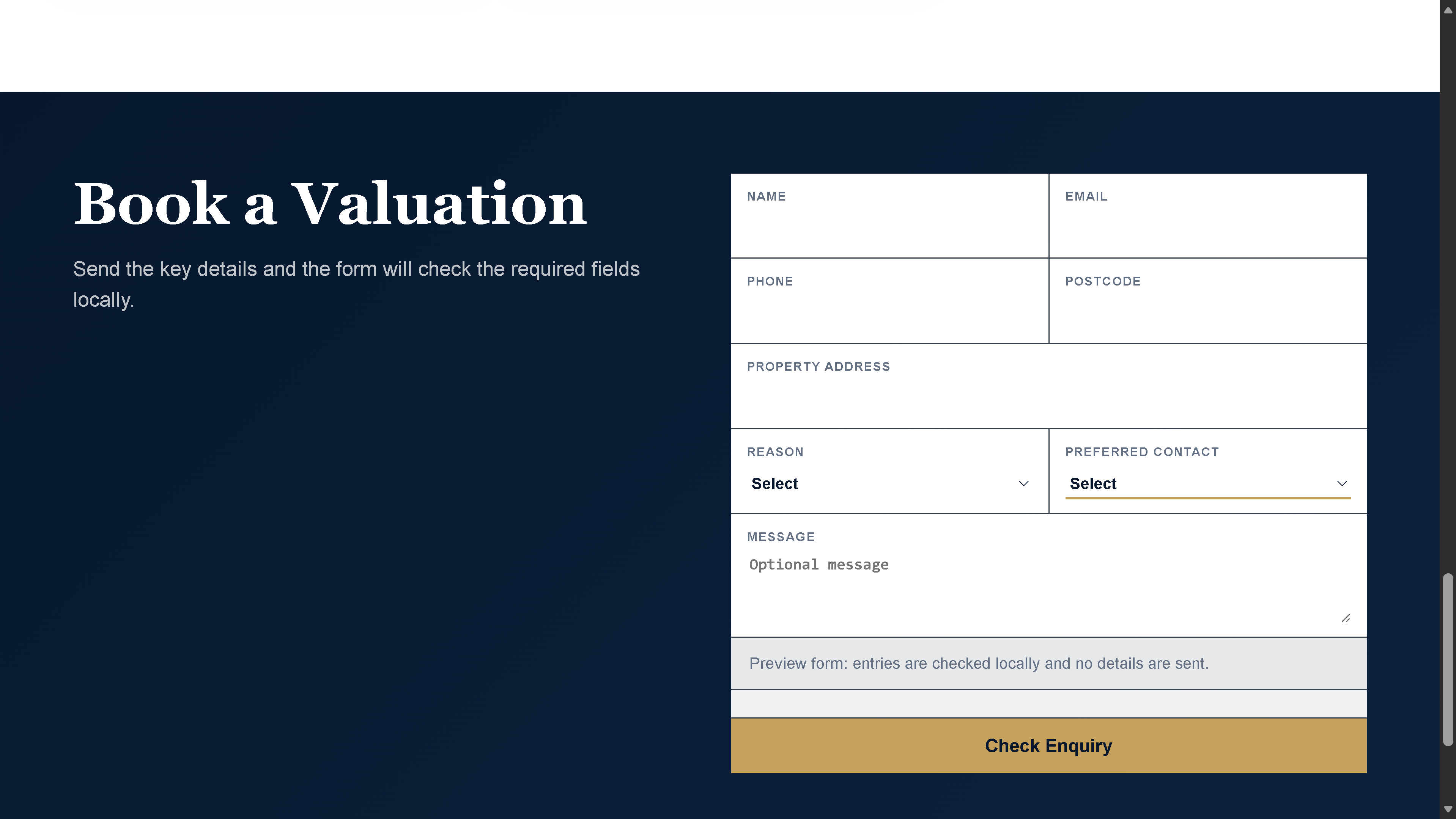 Whitmore & Stone Property valuation enquiry page preview